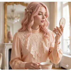 Carry Back Vintage Peach Silk Lace Yoke Victorian Button Back Blouse Coquette